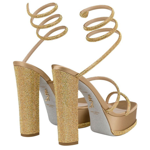 Rene Caovilla Cleo Gold Platform Crystal Wrap Strap Sandal Block Heel Pump 39.5 - Picture 10 of 12